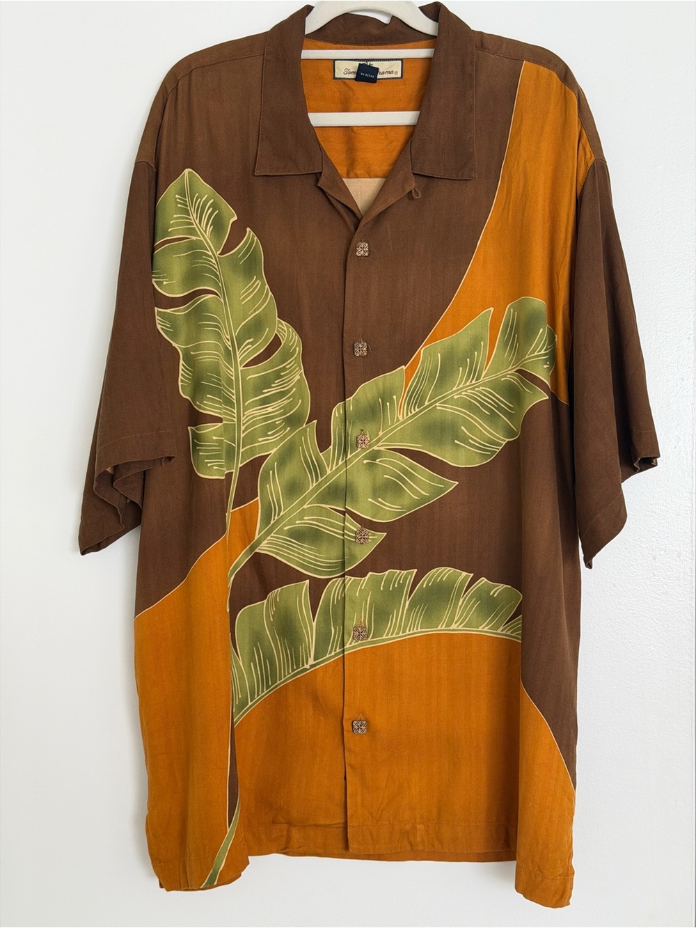 Tommy Bahama 100% Silk Hawaiian Tropical Leaf Print Shirt - Brown/Gold - Size XL